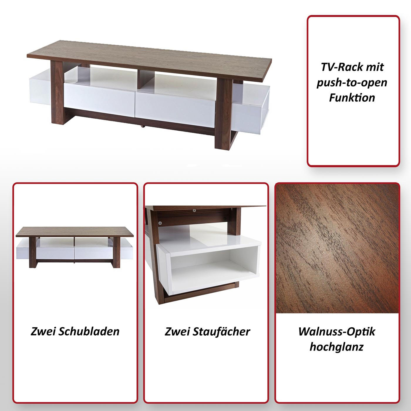 TV-RACK Walnuss Dekor, Hochglanz Reinweiß - Weiß Hochglanz/Walnussfarben, Holzwerkstoff (150/45/45cm) - MCW
