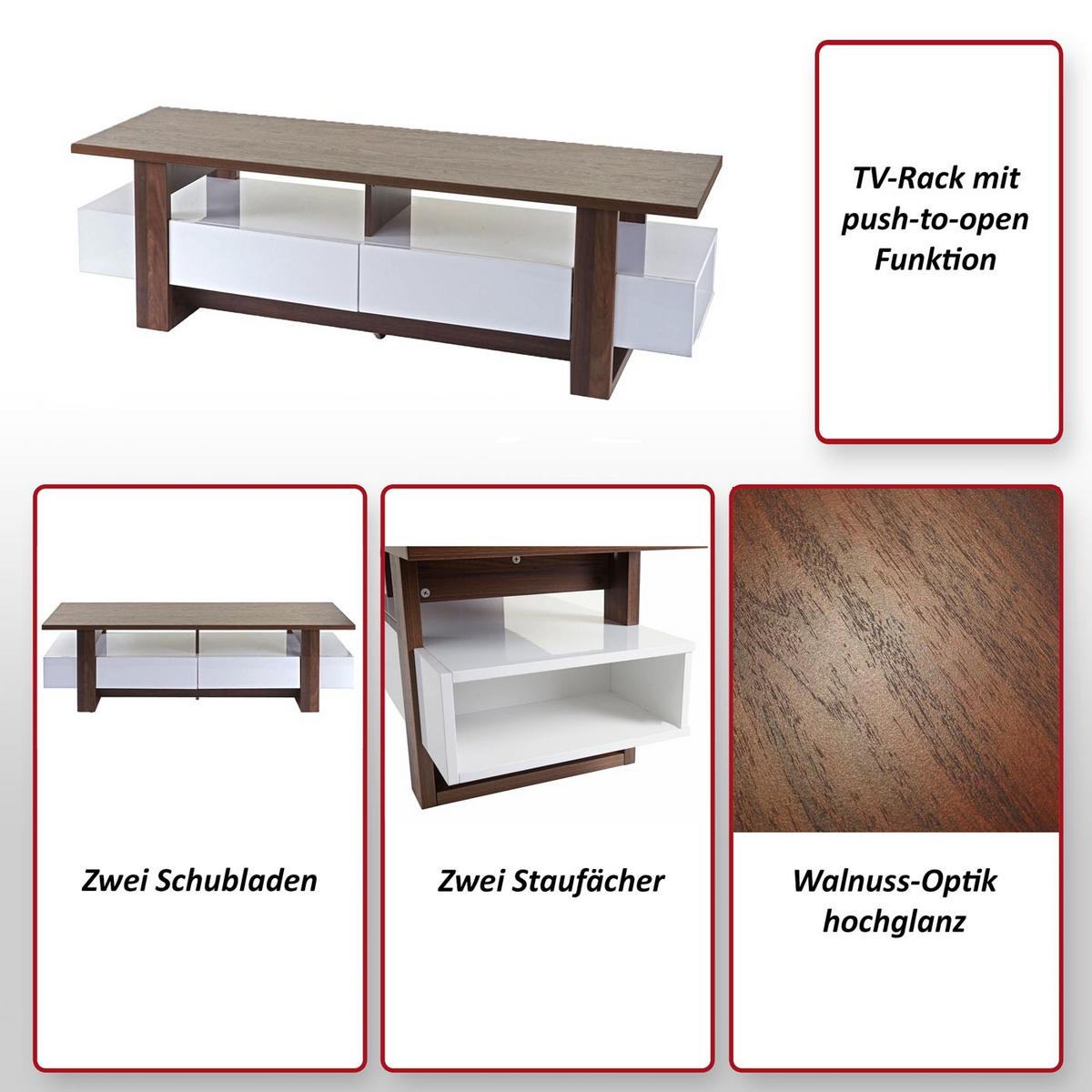 TV-RACK Walnuss Dekor, Hochglanz Reinweiß - Weiß Hochglanz/Walnussfarben, Holzwerkstoff (150/45/45cm) - MCW