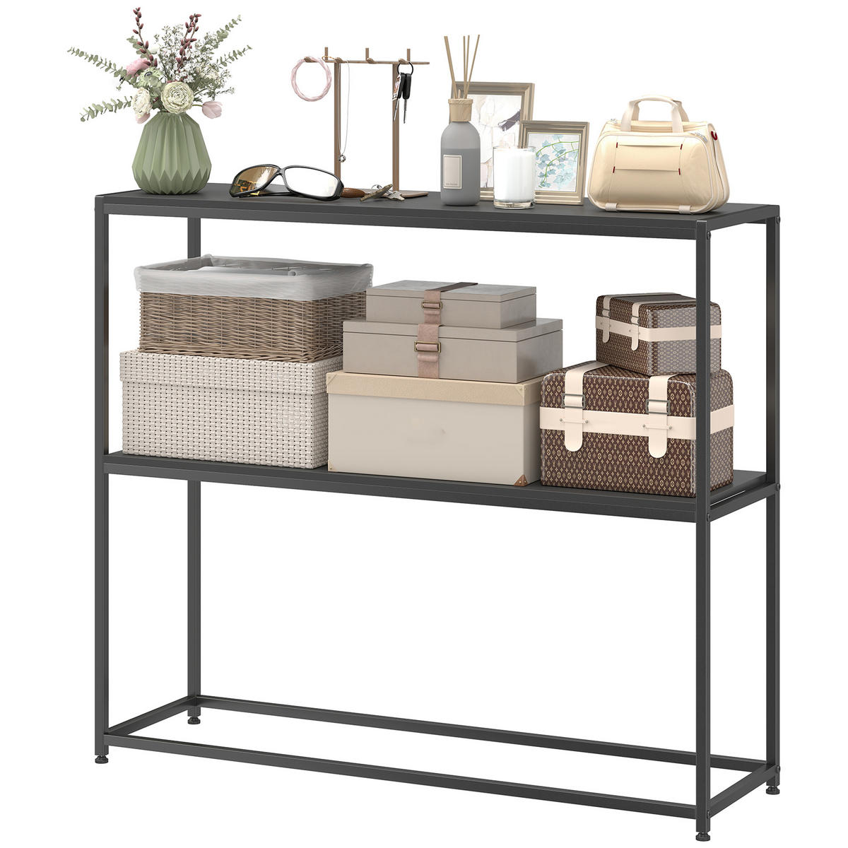 KONSOLENTISCH DE-16823 Minimalistisch, 2 Ablagen, Stahl Schwarz - Schwarz, Holzwerkstoff (100/30/87cm) - ComfortXL