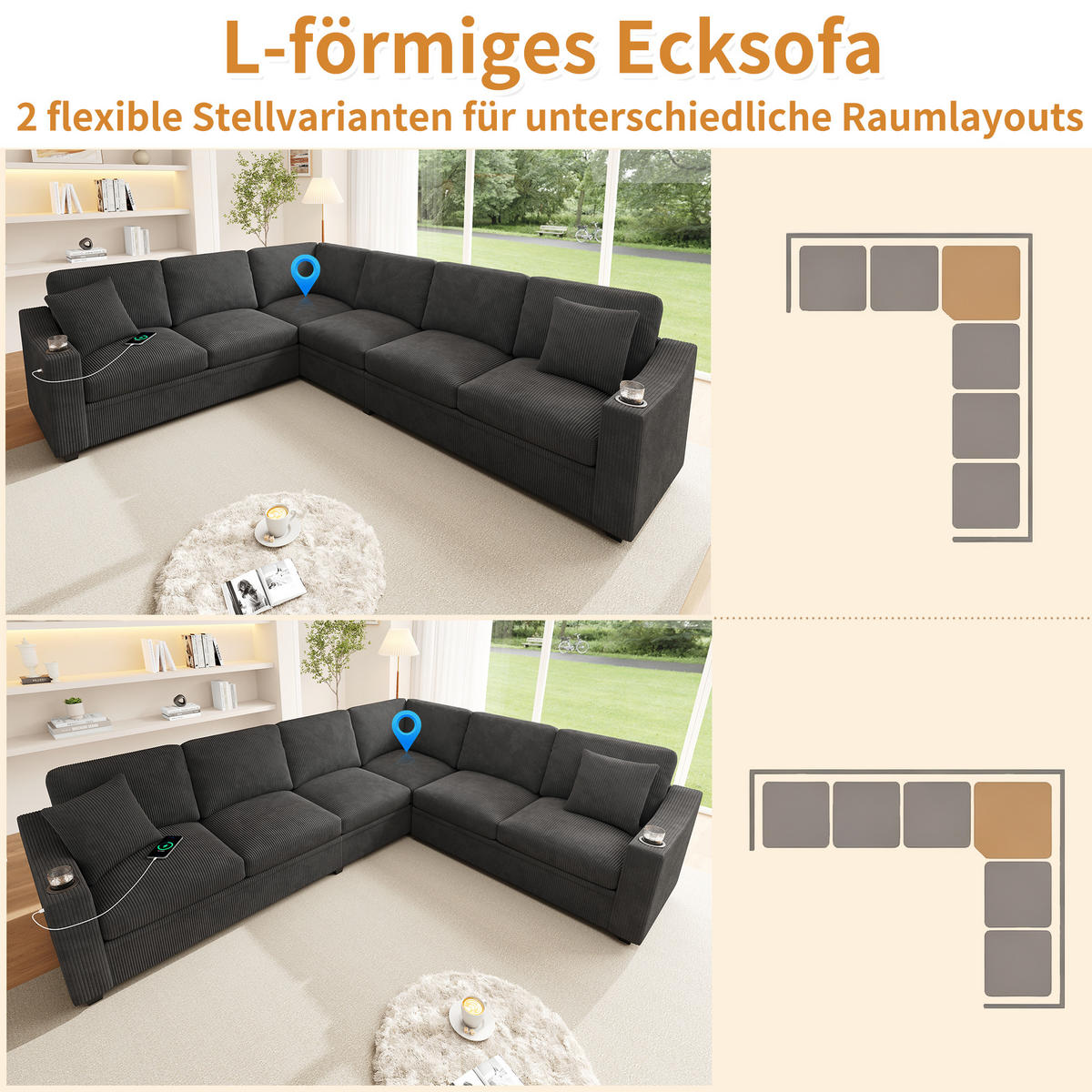 ECKSOFA 277/215/85 cm Grau mit USB/Type-C-Schnellladeanschluss und 2 Getränkehaltern - Grau, Textil (277/215cm) - Oxeza