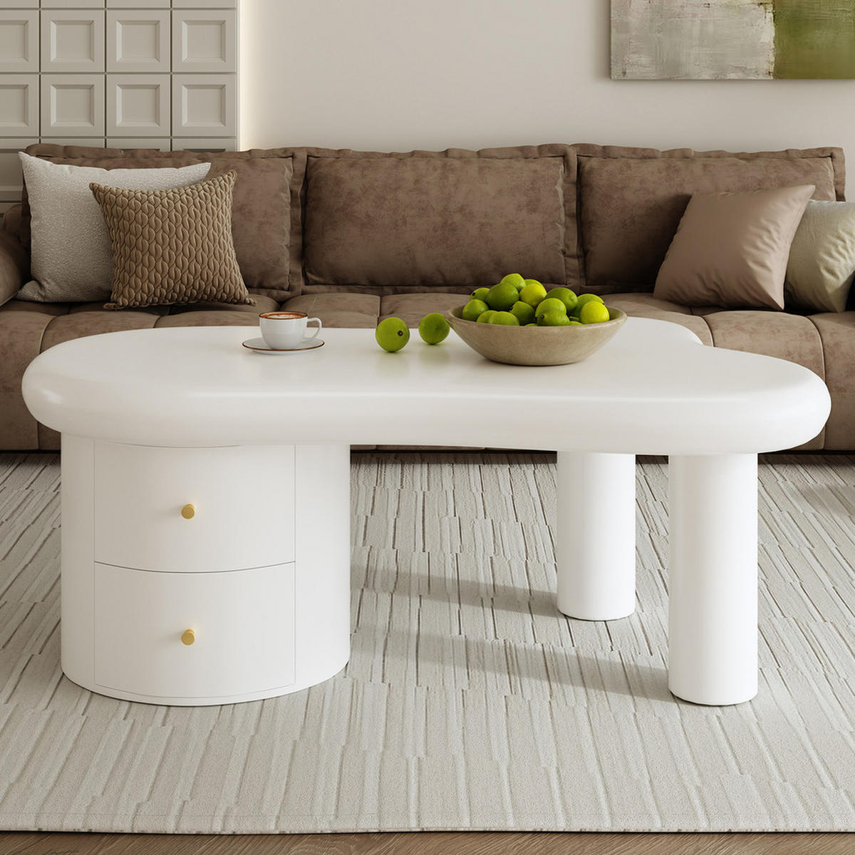COUCHTISCH Weiß Unregelmäßig 2 Schubladen Platzsparend Stabil Mehrzweck - Weiß, Holz (58.42/50.8/41.28cm) - FLIEKS