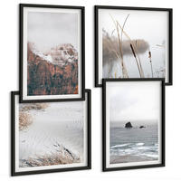 BILDER SET 4er Set - 50x50 cm & 40x60 cm Schwarzer Rahmen - Abstrakte Wellen, graue Pastellfarben - Schwarz, Kunststoff (50/50cm) - TULUP