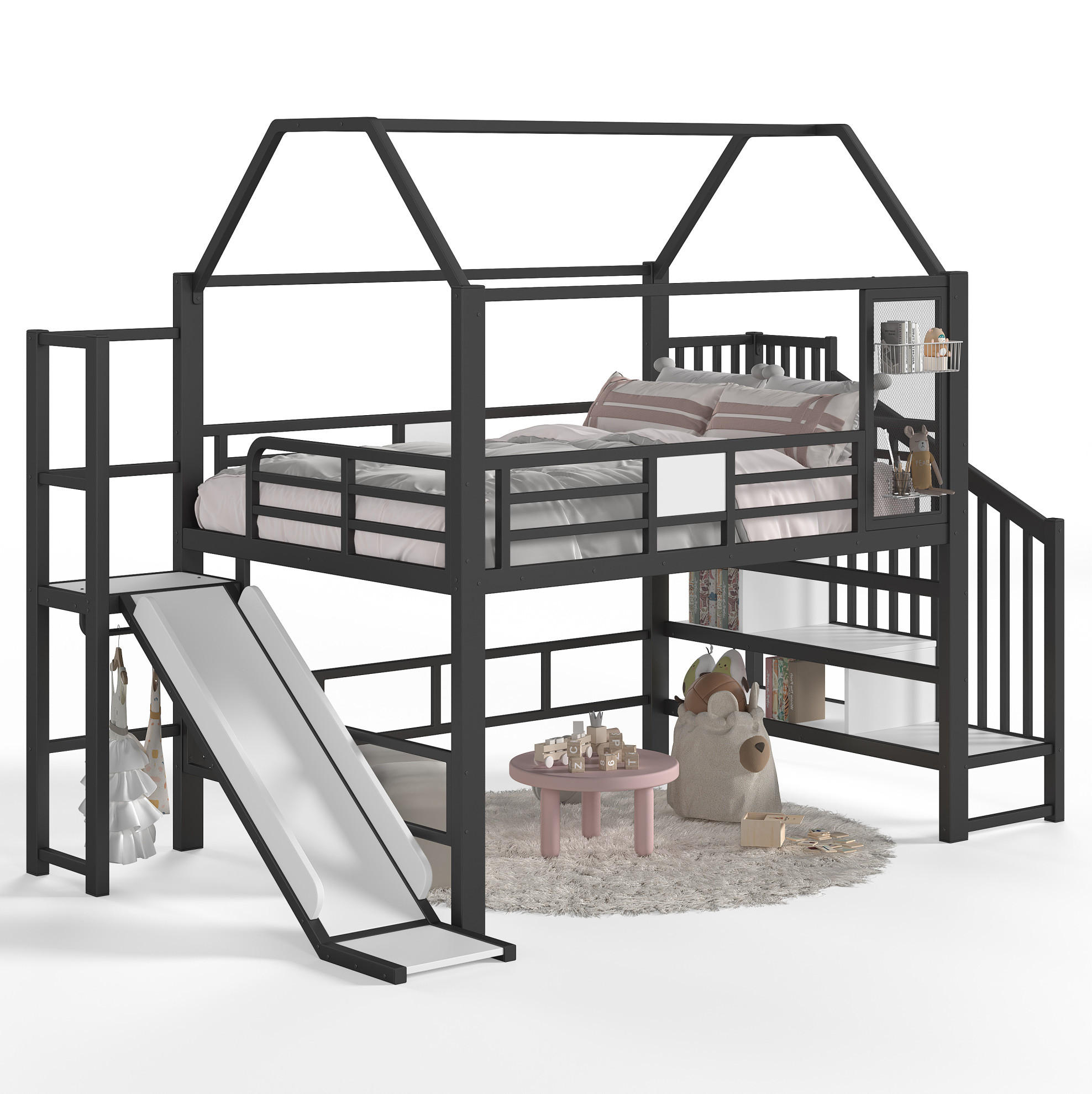 KINDERHOCHBETT MDF & Metall 140x200 cm Schwarz mit Rutsche, Treppe, Stauraumfächern und LED-Beleuchtung - Schwarz, Holzwerkstoff (140/200cm) - Modfu
