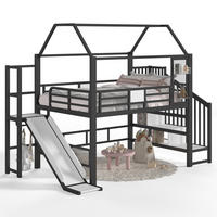 KINDERHOCHBETT MDF & Metall 140x200 cm Schwarz mit Rutsche, Treppe, Stauraumfächern und LED-Beleuchtung - Schwarz, Holzwerkstoff (140/200cm) - Modfu