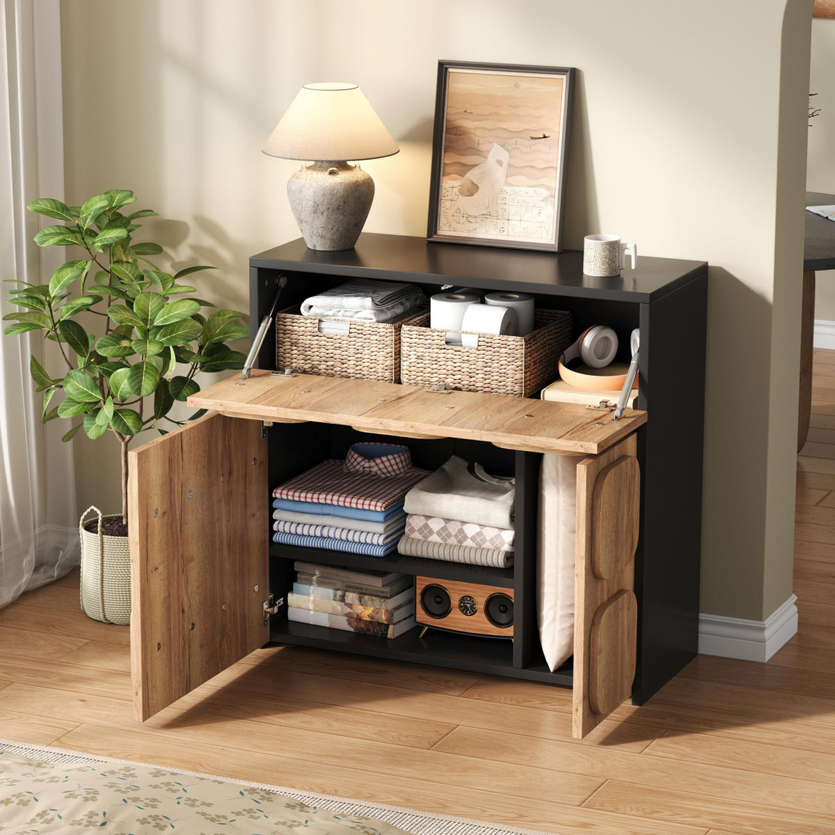 SIDEBOARD mit vier Fächern, Retro-Design aus Holz - Naturfarben, Holz (34.8/81.5/79.5cm) - KOMHTOM
