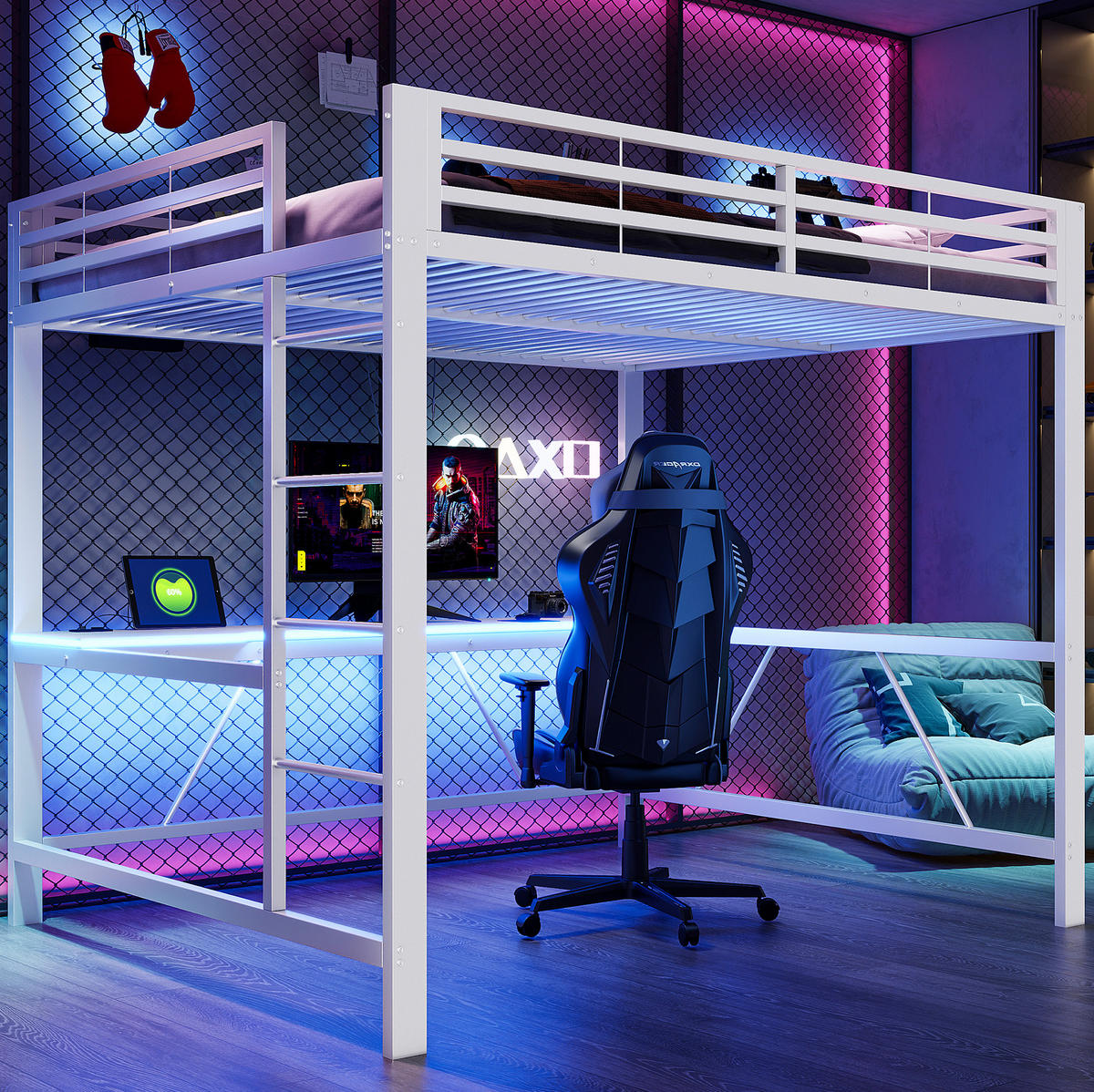 GAMING-HOCHBETT aus Metall und MDF 160x200 cm Weiß mit Schreibtisch, LED-Beleuchtung und Rundum-Schutz - Weiß, Holzwerkstoff (160/200cm) - Modfu