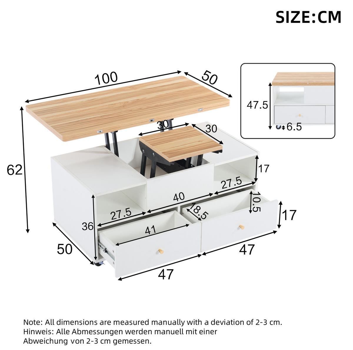 KONFERENČNÍ stolek 100/50/47,5 cm bílá a přírodní z MDF s výklopnou a výškově nastavitelnou deskou - přírodní, kompozitní dřevo (100/50/47.5cm) - OKWISH