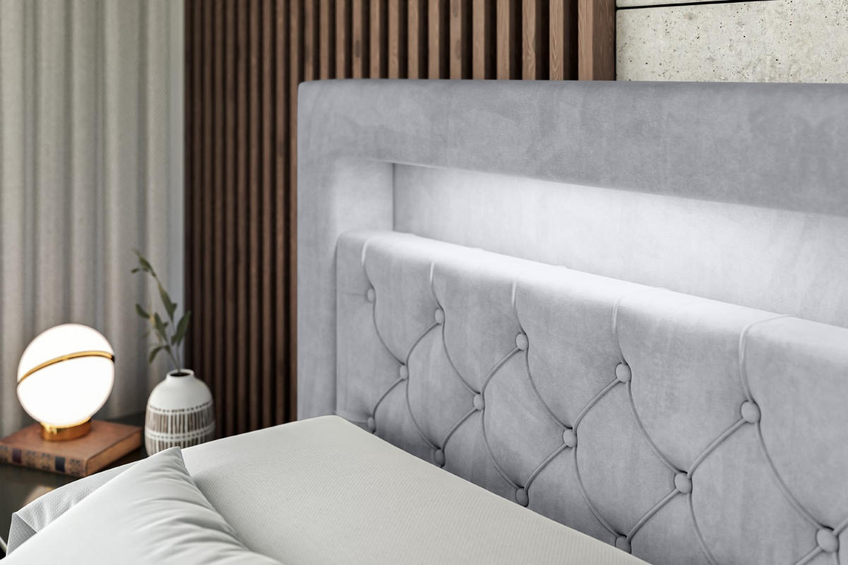 BOXBETT LED mit H3-Matratze und Lattenrost - NOEL GOLD - 160x200 Hellgrau - Hellgrau, Holzwerkstoff (160/200cm) - ALTDECOR
