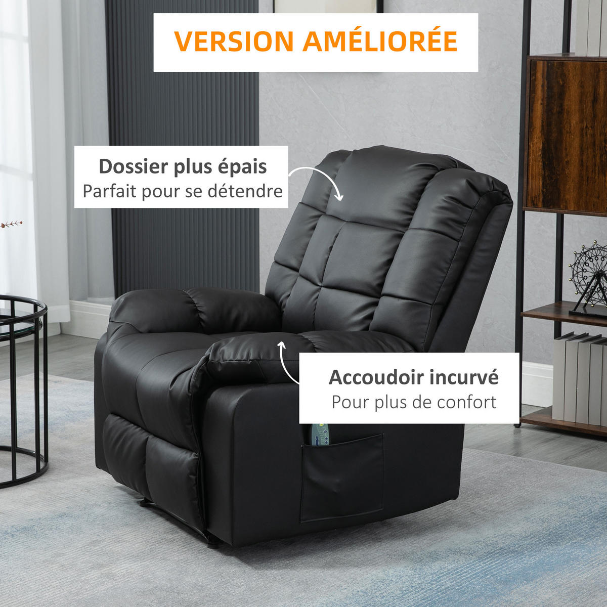 MASSAGESESSEL Schwarz mit Massagefunktion und Liegefunktion 94/99/99 cm - Schwarz, Leder (94/99/99cm) - PANGIVO