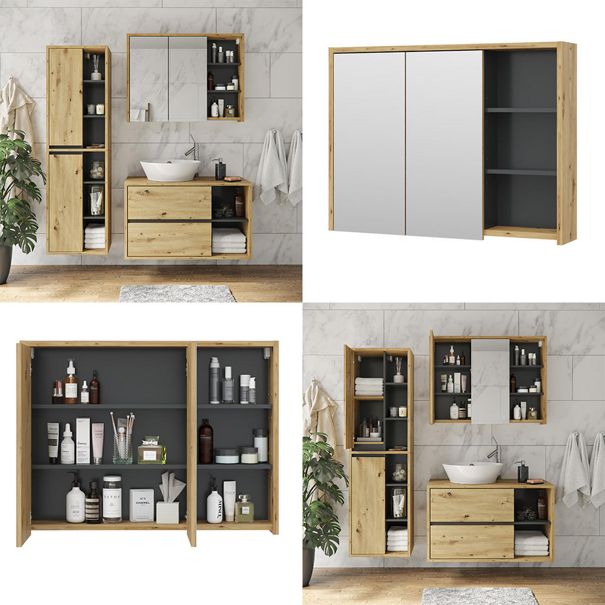 BADSPIEGELSCHRANK Viola Eiche/Anthrazit 100 x 75 cm - Eichefarben/Anthrazit, Holzwerkstoff (100/75/18cm) - Vicco