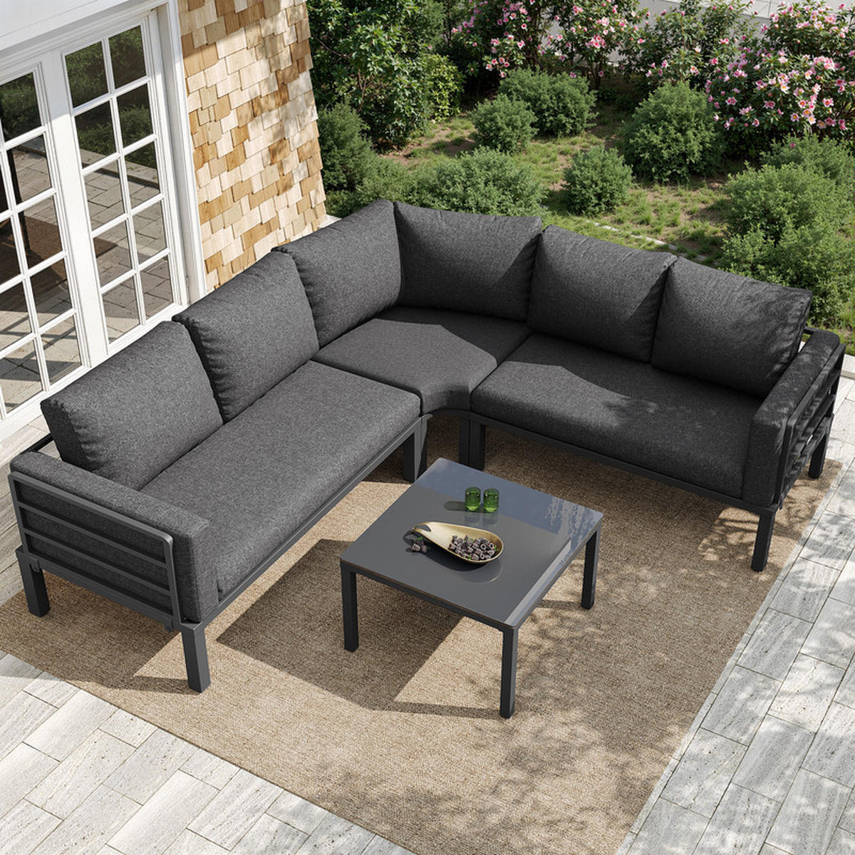 GARTENLOUNGE-SET GRAU 4-5 Sitzplätze mit Glastisch verstellbaren Beinen inkl. Kissen - Schwarz, Textil - BLACKCUP