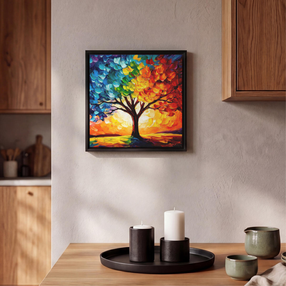 LEINWAND Bilder mit Rahmen - Baum - Kunst - Natur - Sonnenuntergang - 20x20 - Multicolor, Textil (20/20cm) - MuchoWow