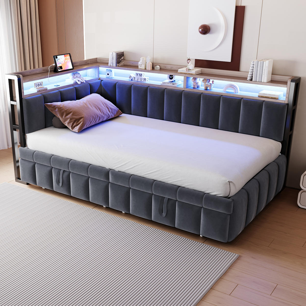 POLSTERBETT 90x200 Dunkelgrau Samt LED USB - Grau, Textil (90/200cm) - FLIEKS