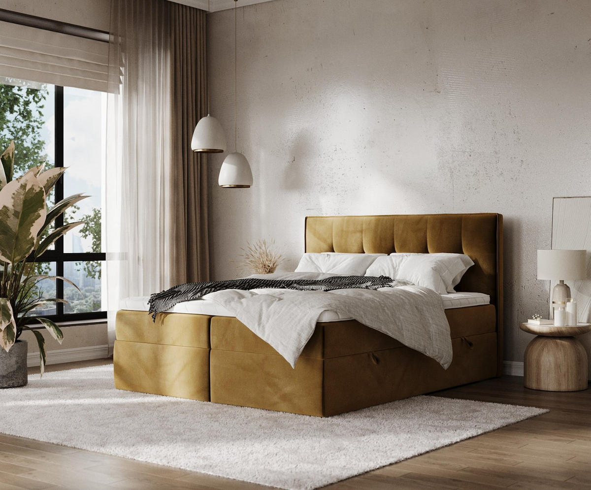 BOXBETT Mireo 180/200 cm Honiggelb im Kronos Stoff - Schwarz/Honig, Holz/Holzwerkstoff (180/200cm) - AltaBeds
