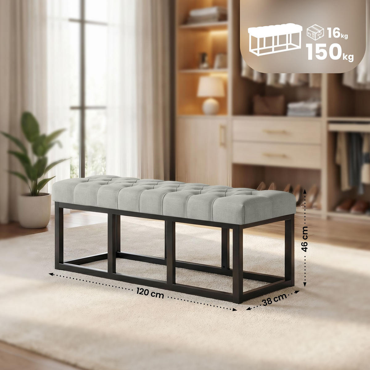 SITZBANK 120/38 cm Stoff Grau - Schwarz/Grau, Textil/Metall (120/46/38cm) - CLP