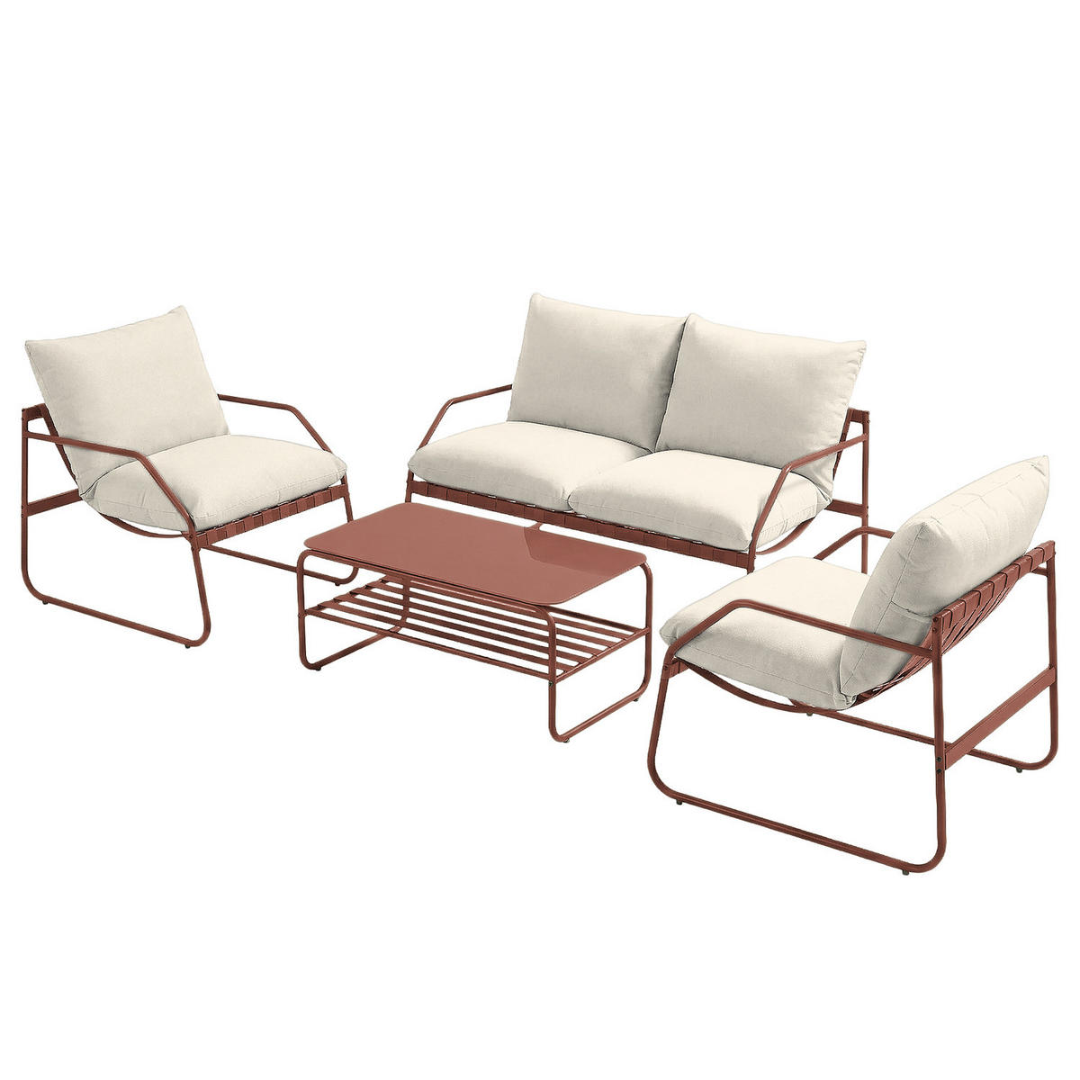 LOUNGEGRUPPE - 4-teilig - Stahl / Webstoff - Terracotta, Glas/Textil - home24