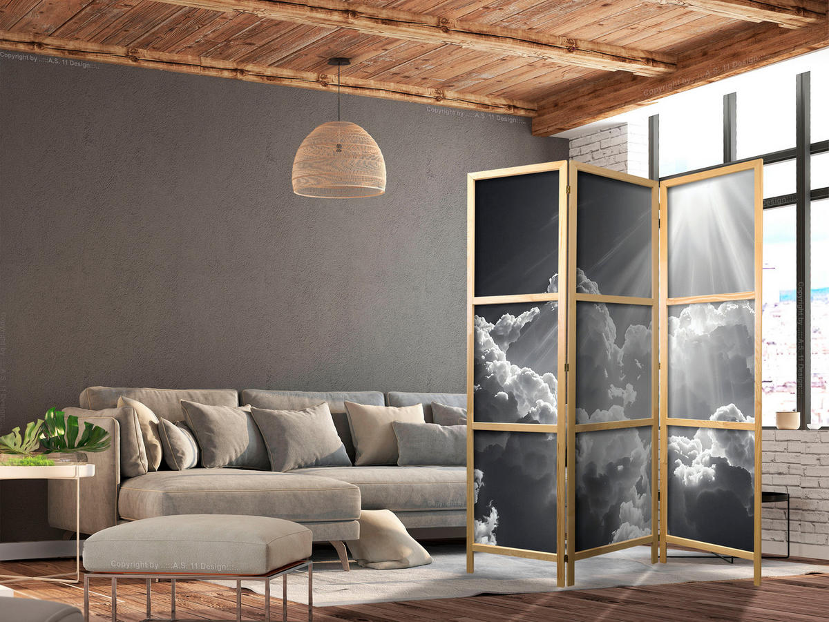 PARAVENT Japanischer 3-tlg 135x172 cm Wolken Himmel - Grau, Holz/Textil (135/172/3cm) - Muralo