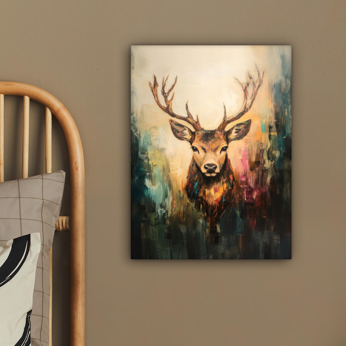 LEINWANDBILD Hirsch - Gemalt - Geweih - Braun 30x40 cm - Haselnussfarben, Textil (30/40cm) - MuchoWow