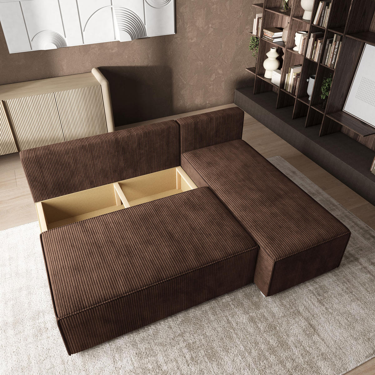 ROHOVÁ SEDAČKA BRISO hnědá - šedá/hnědá, dřevo/textil (200/140cm) - MASSENO