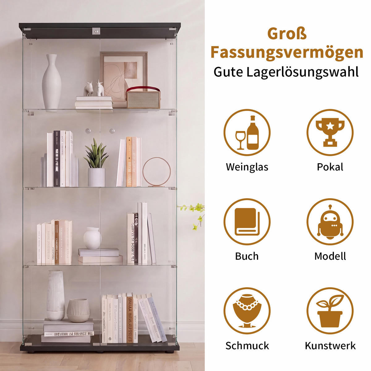 GLASVITRINE Schwarz mit 2 Tür 4 Etagen mit Schloss - Schwarz, Glas (36.32/164.34/80.52cm) - BPKADHY