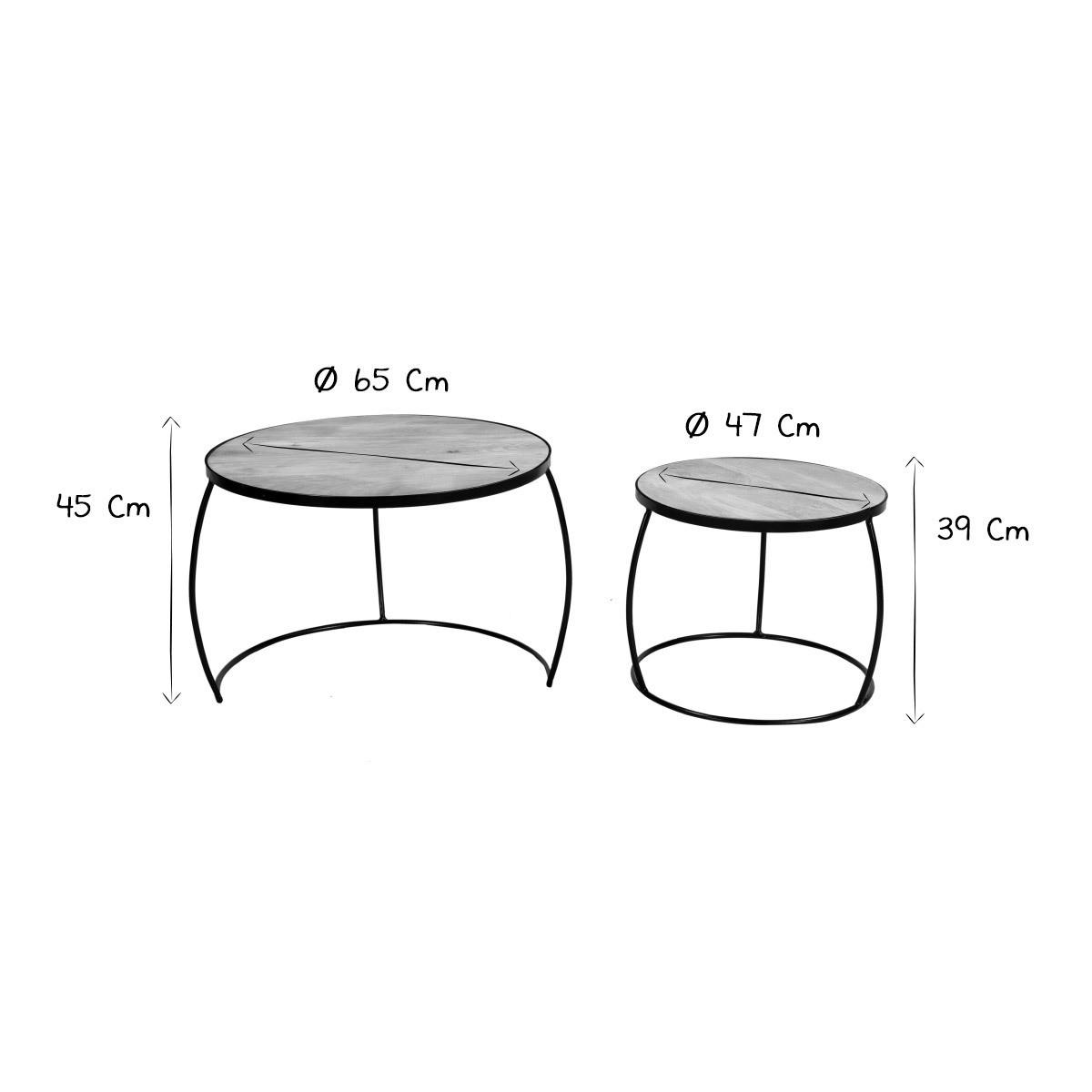 COUCHTISCH Verschachtelt Massiv Mangoholz Metall BARREL - Dunkelbraun, Holz (65/65/45cm) - Miliboo