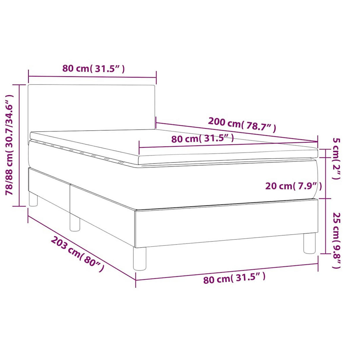 BOXSPRINGBETT Mit Matratze Dunkelgrau 80/200 Cm Stoff - Weiß, Textil (80/200cm) - vidaXL