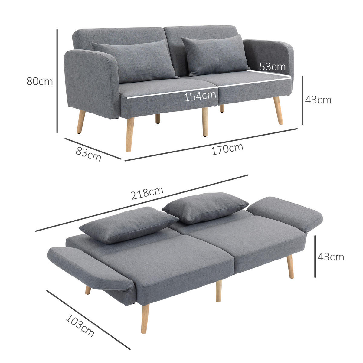 3-SITZER Schlafsofa, 2-Sitzer Klappbett mit Bettfunktion, 2 Wurfkissen Grau - Naturfarben/Grau, Holz/Textil (83/80/170cm) - HOMCOM