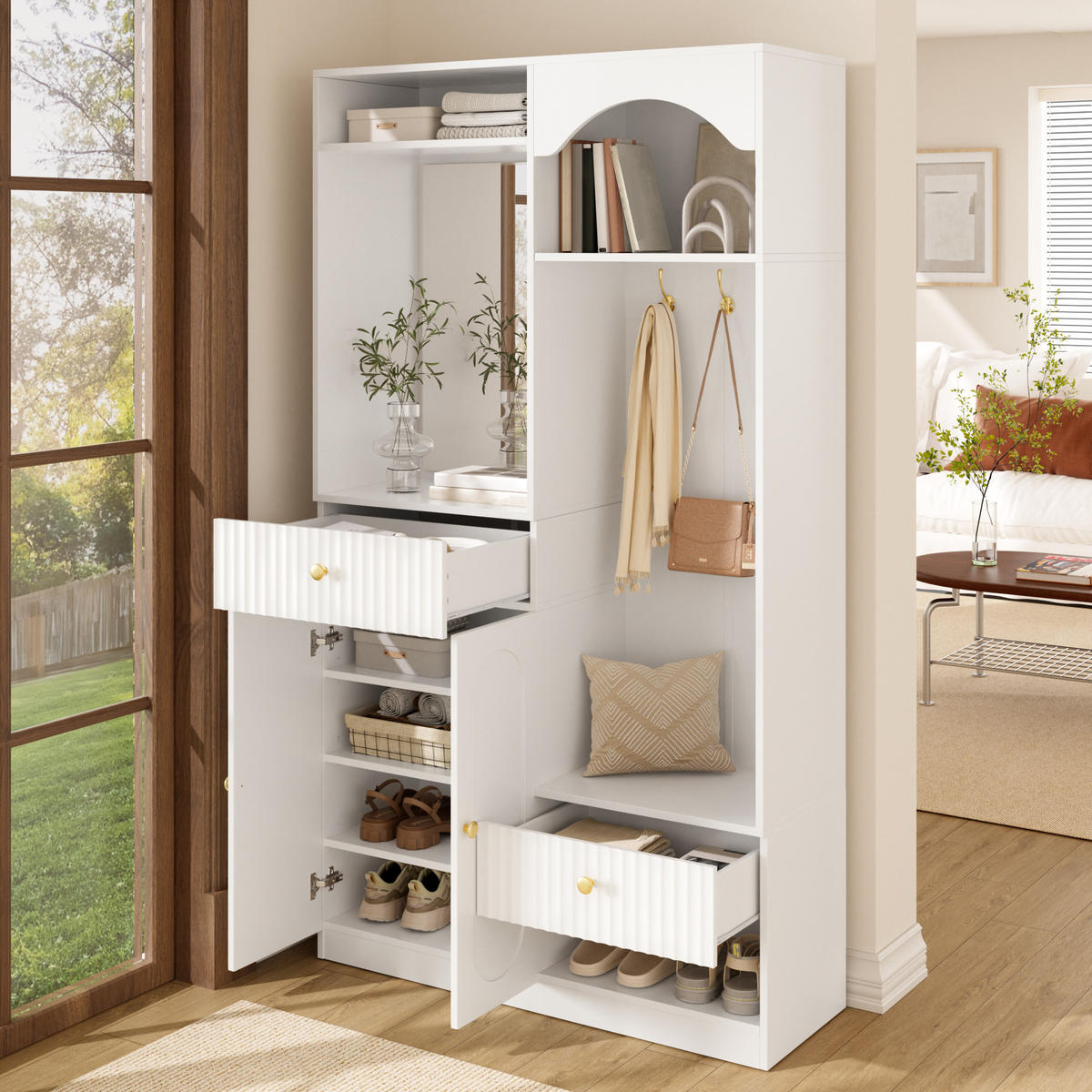 GARDEROBE-SET in Weiß Flurmöbel Set mit Spiegel und Sitzbank für Flur, B100/T35/H180cm - Weiß, Holzwerkstoff (100/180/35cm) - STILVORA