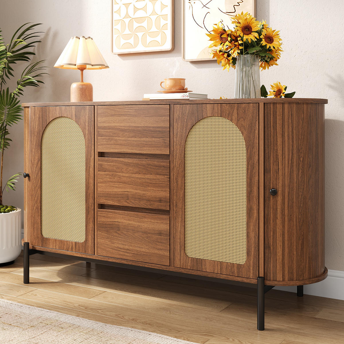 SIDEBOARD oval Rattan Holzoptik - Walnussfarben, Holzwerkstoff (140/77.5/38cm)