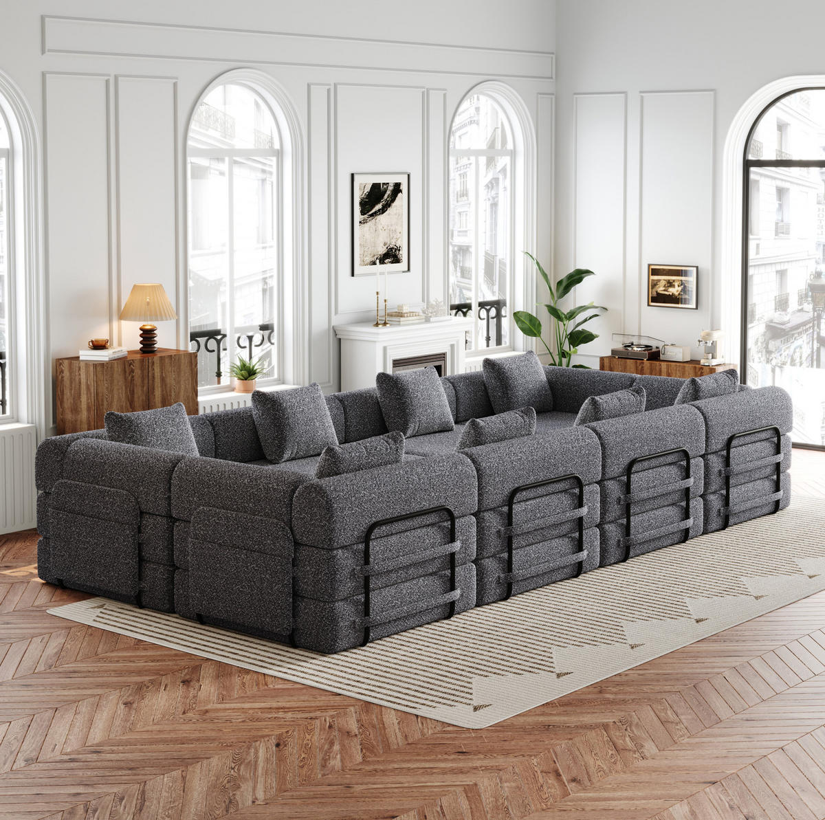 SCHLAFSOFA aus Chenille Grau 2-in-1 mit Armlehnen-Staufach und flexibler Modulgestaltung - Grau, Textil (183.8/69.8/274cm) - Modfu