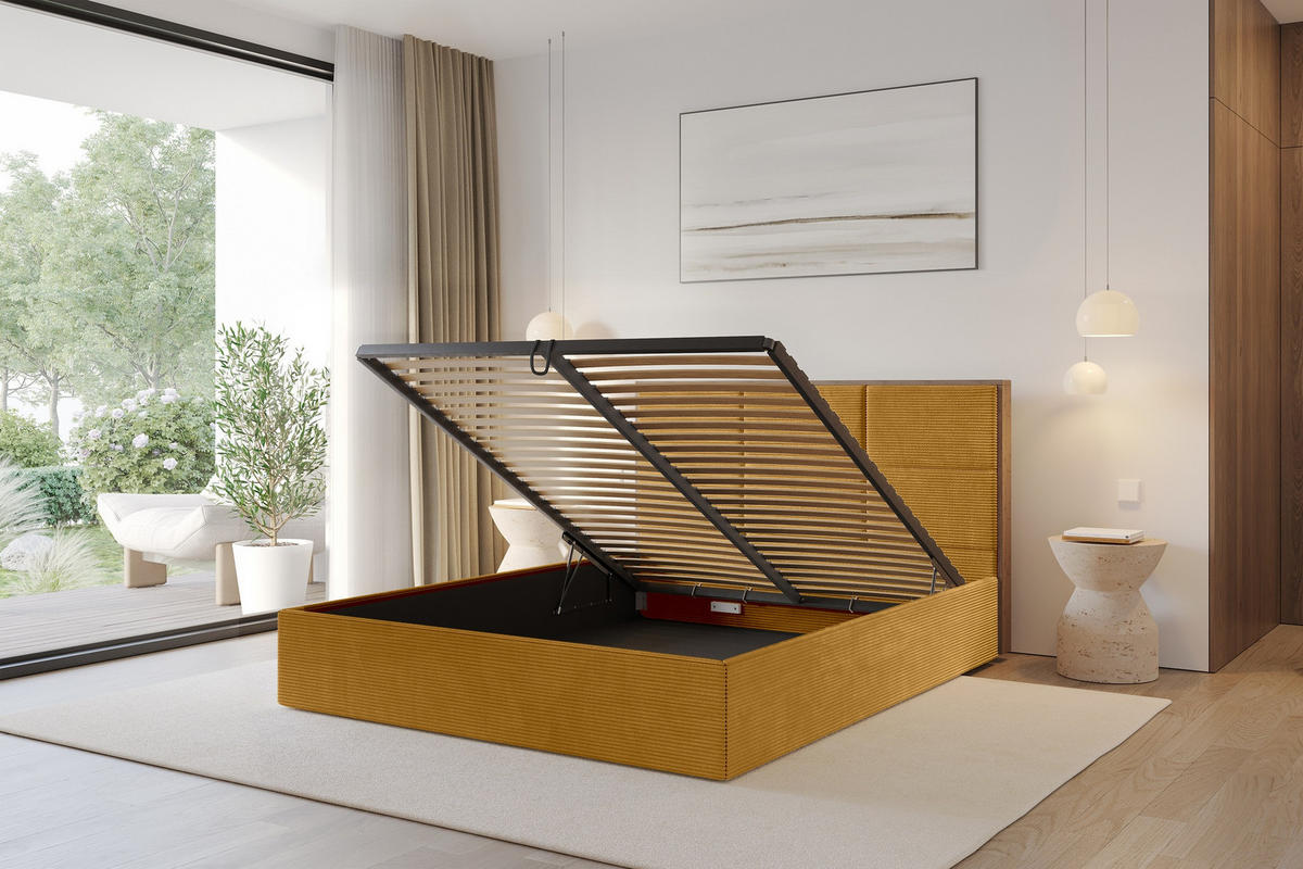 POLSTERBETT mit Bettkasten und Lattenrost, Bett mit Matratze H3/H4 - LILA 140x200 Senfgelb - Currygelb, Holzwerkstoff/Textil (140/200cm) - ALTDECOR