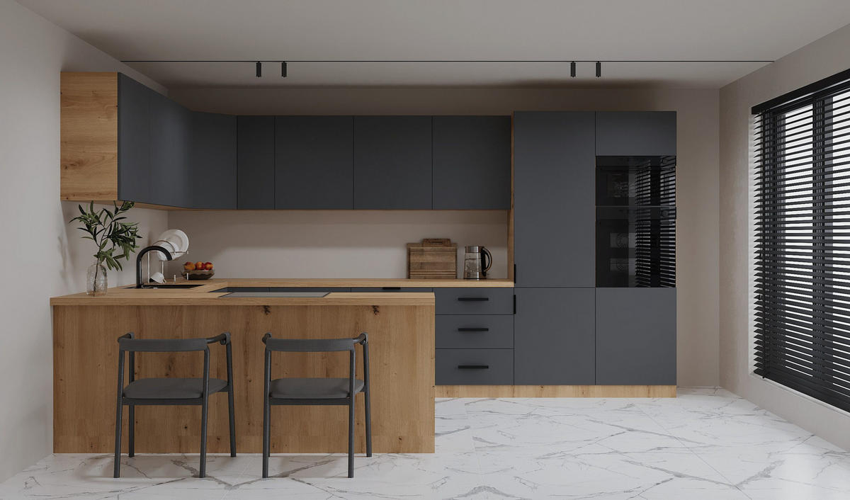 ECKKÜCHE 390 × 260 × 210 cm – Nexa K106-G860 – in Grau / Matt - Schwarz/Grau, Holz/Metall (390/212/58cm) - ROYAL24_MARKT