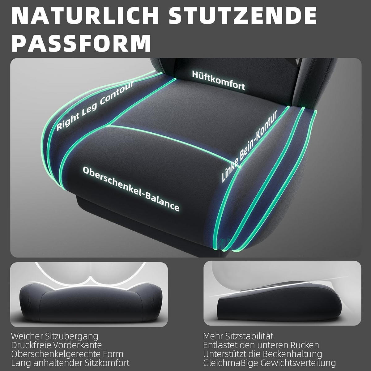 GAMING-STUHL Mikrofaser-Velours & Lendenkissen, Fußstütze 160° Neigbar - Grau, Leder (70/132/70cm)