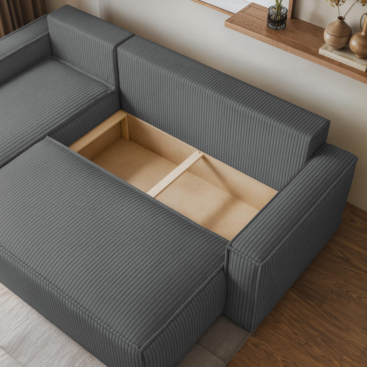 ECKSOFA RAVELO P Grau Kordstoff mit Schlaffunktion - Grau, Holz (240/140cm) - MASSENO