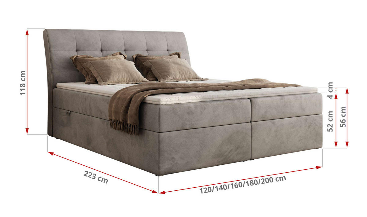 BOXBETT DAGOS 120/200 - Hellgrau Velvet - H4 - Topper T25 - Hellgrau, Textil (120/200cm) - MKS