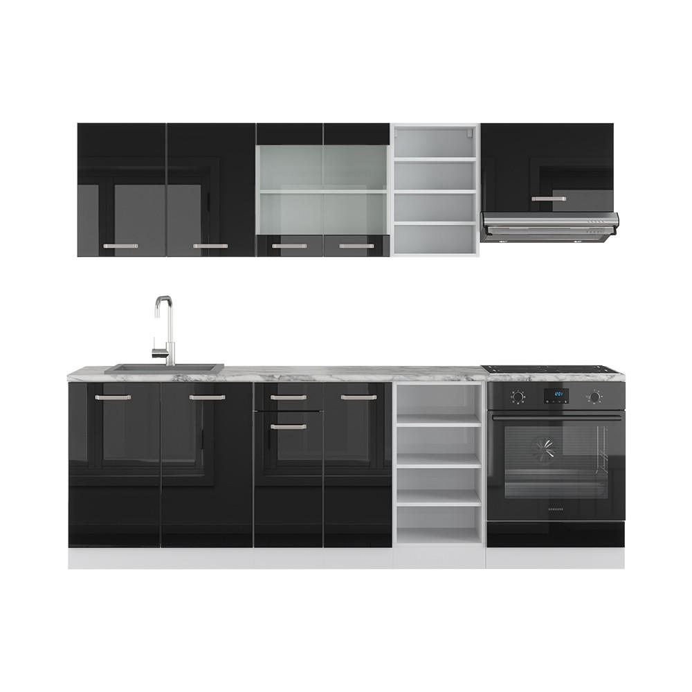 KÜCHENZEILE R-Line Schwarz Hochglanz 240 cm, AP Marmor - Schwarz Hochglanz/Weiß, Holzwerkstoff (240/81.6/60cm) - Vicco