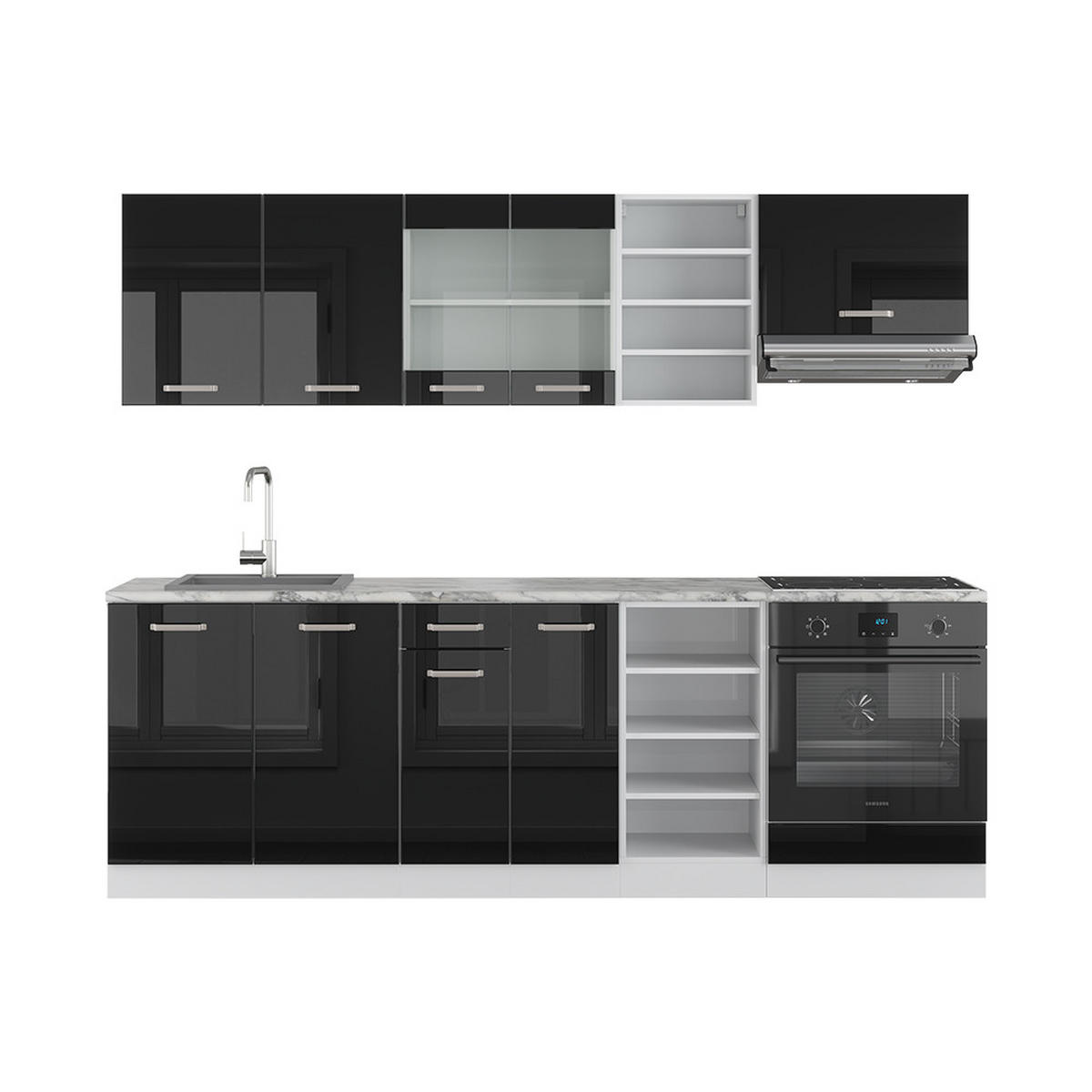 KÜCHENZEILE R-Line Schwarz Hochglanz 240 cm, AP Marmor - Schwarz Hochglanz/Weiß, Holzwerkstoff (240/81.6/60cm) - Vicco