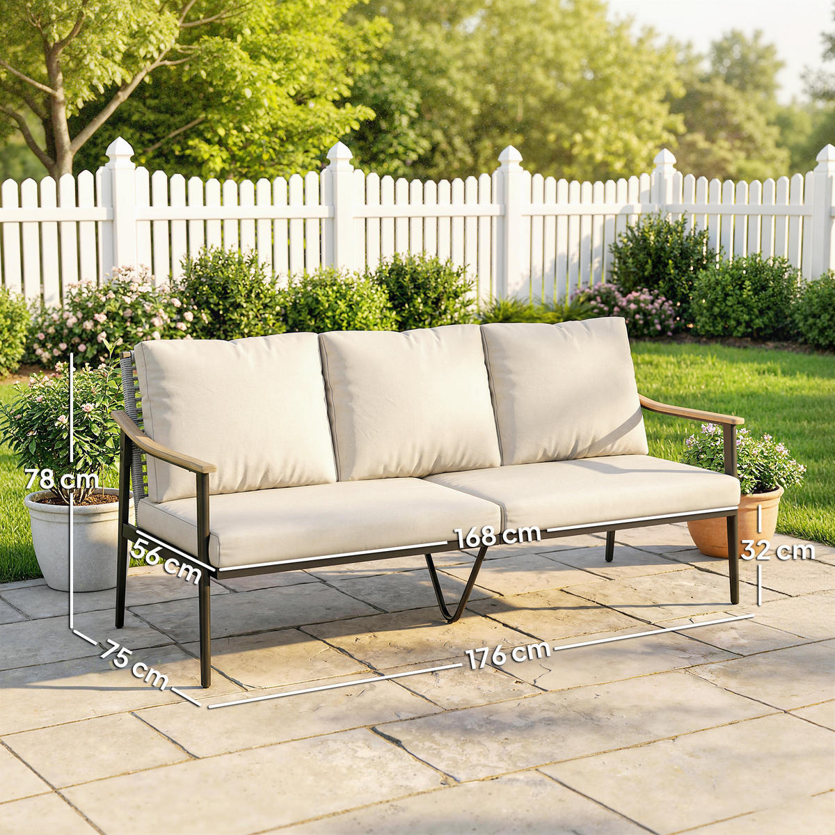 GARTENSOFA 3-Sitzer DE-06775 mit abnehmbaren Kissen Khaki - Taupe, Kunststoff/Metall (75/78/176cm) - ComfortXL