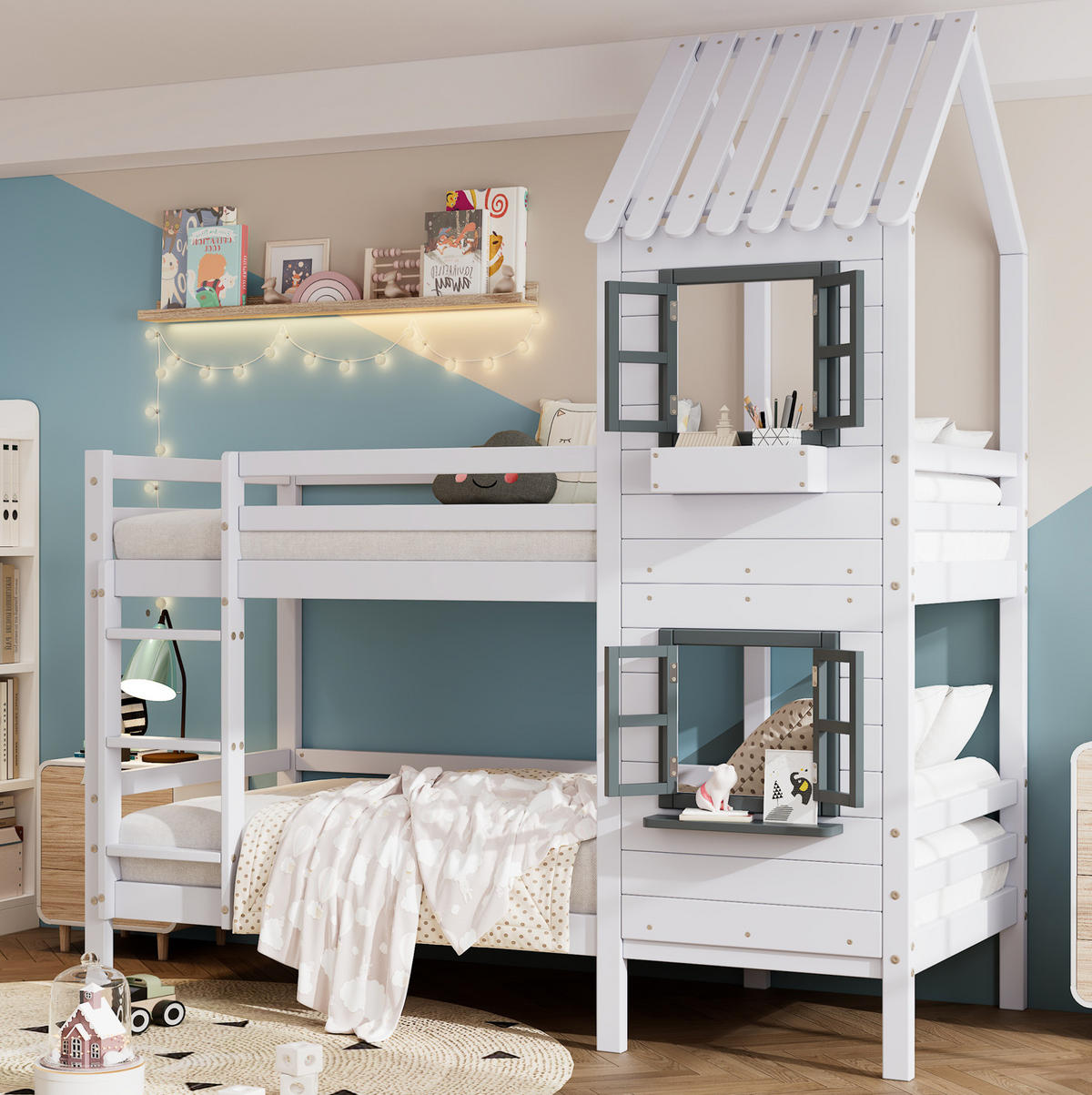 POSCHODOVÁ posteľ 90/200 cm biela/sivá s oknami a zábradlím z masívu a MDF - biela, kompozitné drevo (90/200cm) - OKWISH