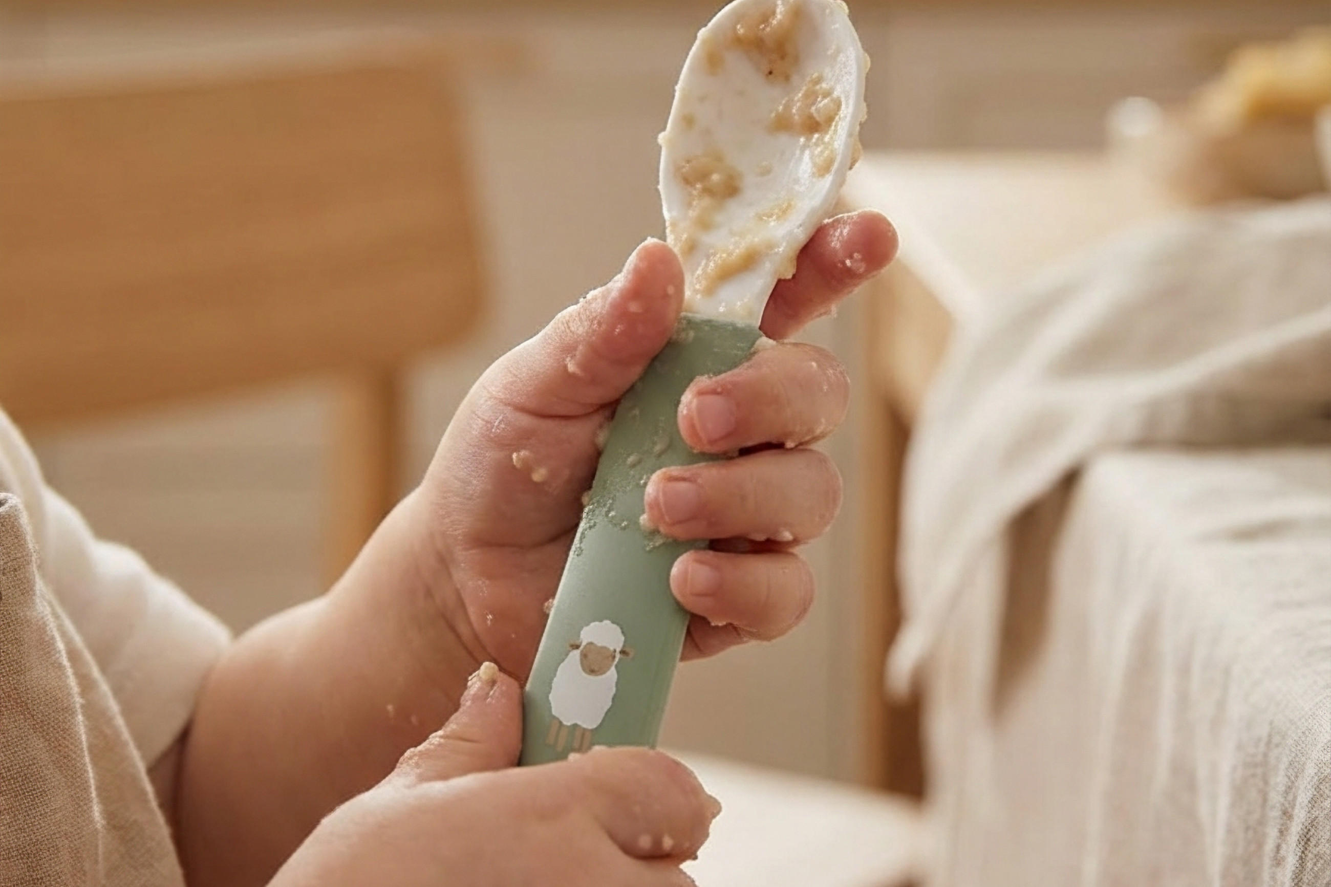 Hand eines Kleinkinds hält einen grünen Löffel mit einem Schaf-Motiv und Essensresten.