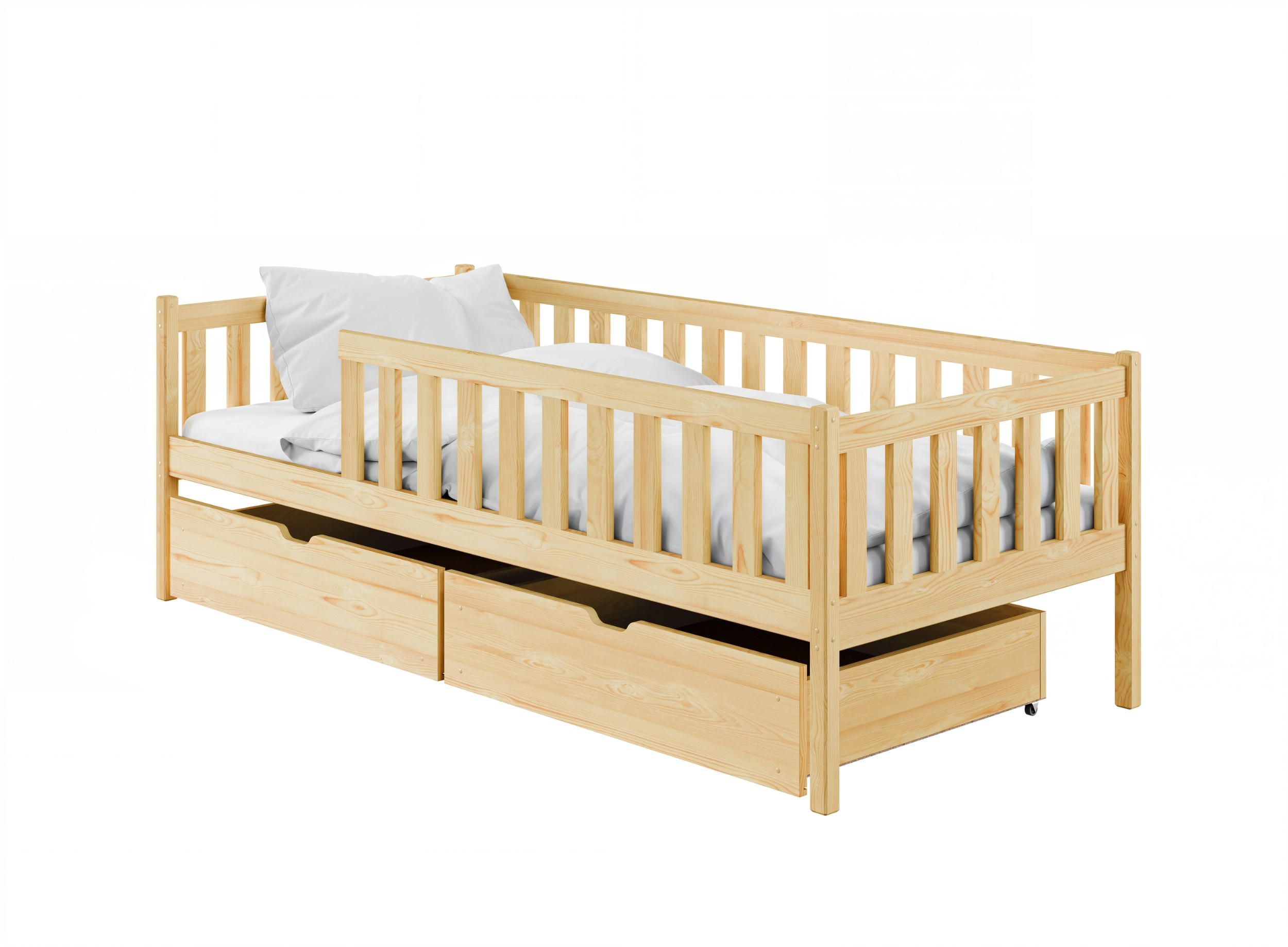 KINDERBETT mit zwei Schubladen, Rausfallschutz und Lattenrost 90x190 in natur - Naturfarben, Holz - Kids Collective