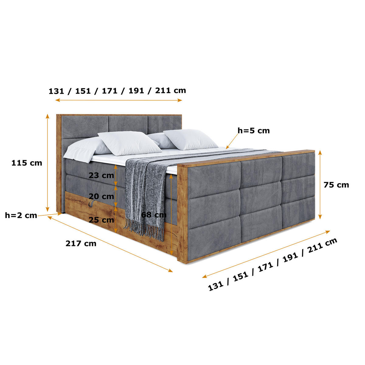 BOXSPRINGBETT mit Matratze H3|H4 und Lattenrost - LOLLI1-Z KING-160x200 - Dunkelgrau Casablanca - Dunkelgrau, Holzwerkstoff (160/200cm) - ALTDECOR