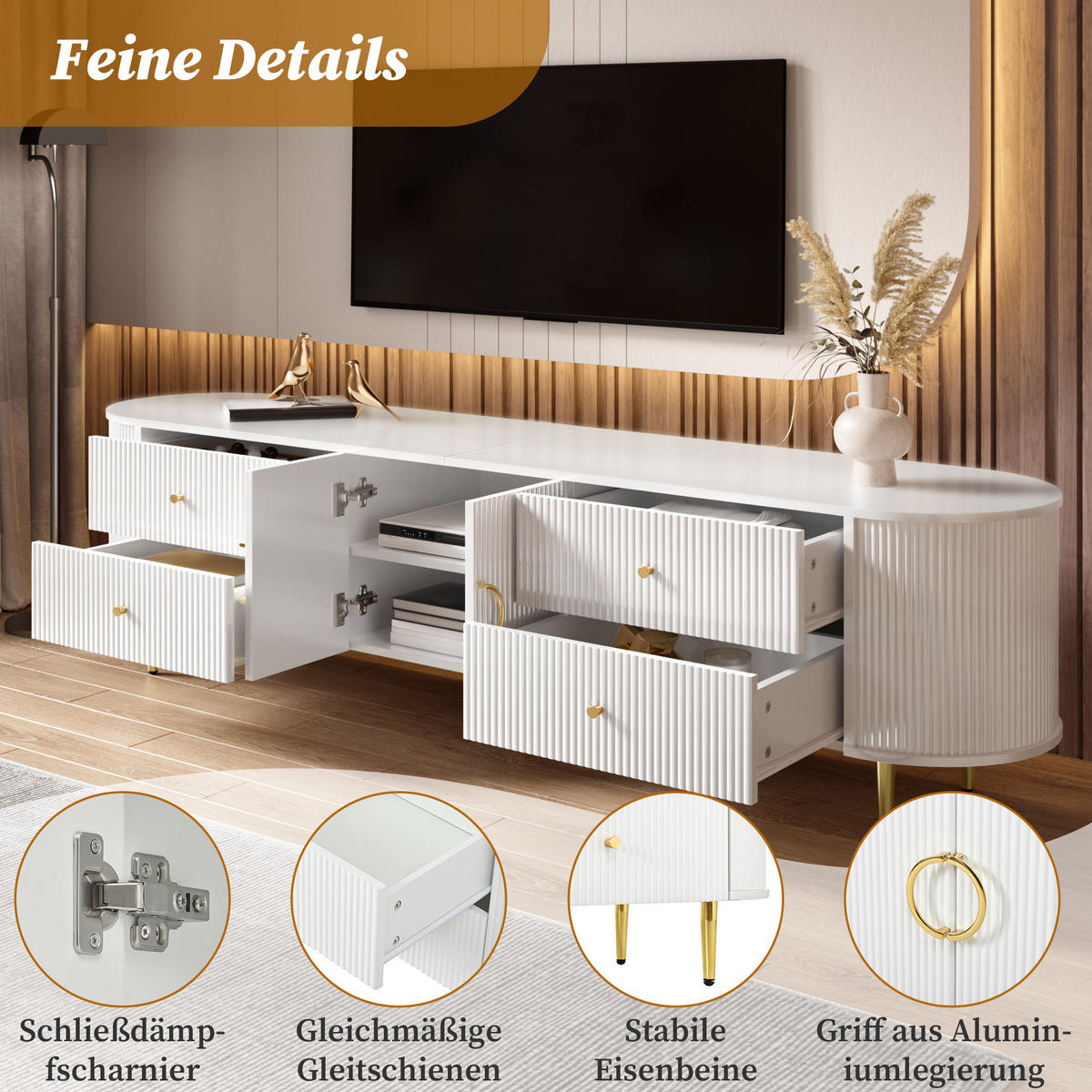 TV-RACK 180/40/53 cm Weiß mit 4 Schublade - Weiß, Holz (180/53/40cm) - Oxeza