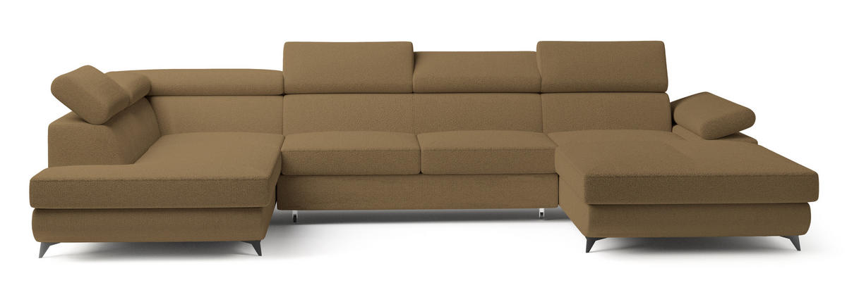 WOHNLANDSCHAFT RUBANO L-S Orange Boucle-Stoff mit Schlaffunktion - Orange, Holz (339/89/190cm) - MASSENO