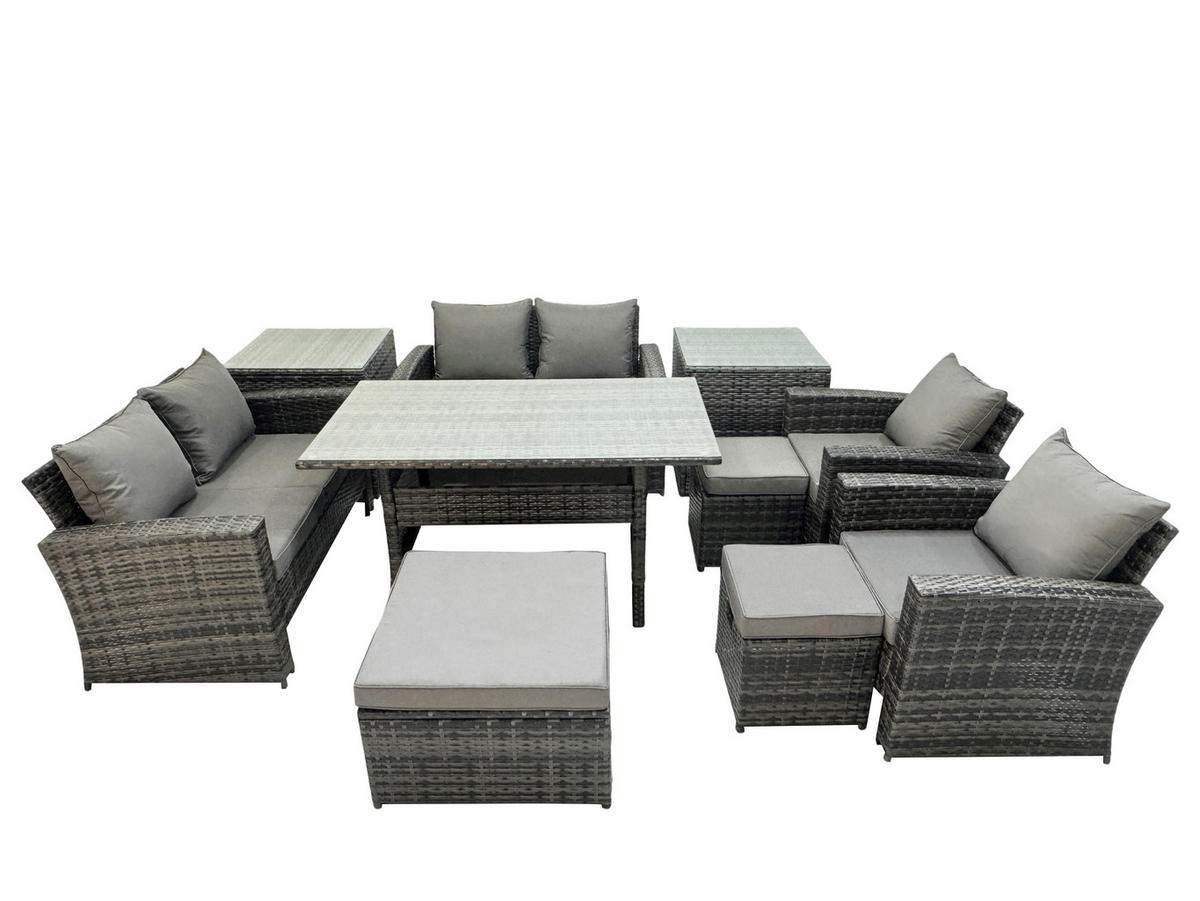 GARTENMÖBELSET mit 2 Sesseln,2 Zweisitzer,3 Hockern,Esstisch,2 Beistelltischen Polyrattan Dunkelgrau 9-Sitzer - Dunkelgrau/Grau, Glas/Kunststoff - Fimous