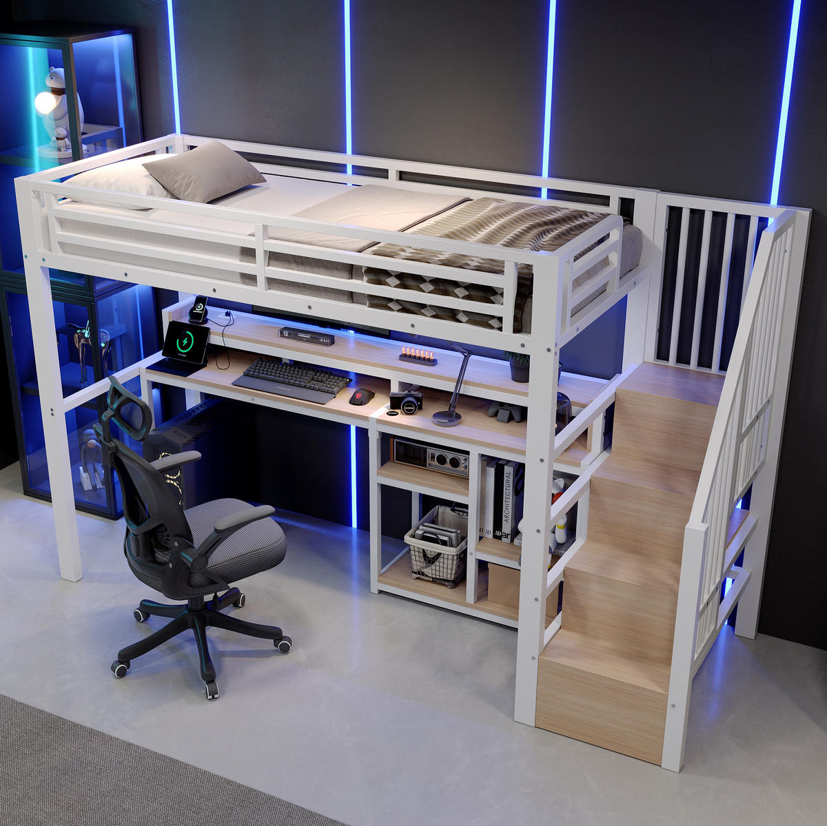 HOCHBETT Metall & MDF 90x200 cm Weiß mit Leiterschrank, Ablagefach, LED sowie USB + Typ-C - Weiß, Holzwerkstoff (90/200cm) - Modfu