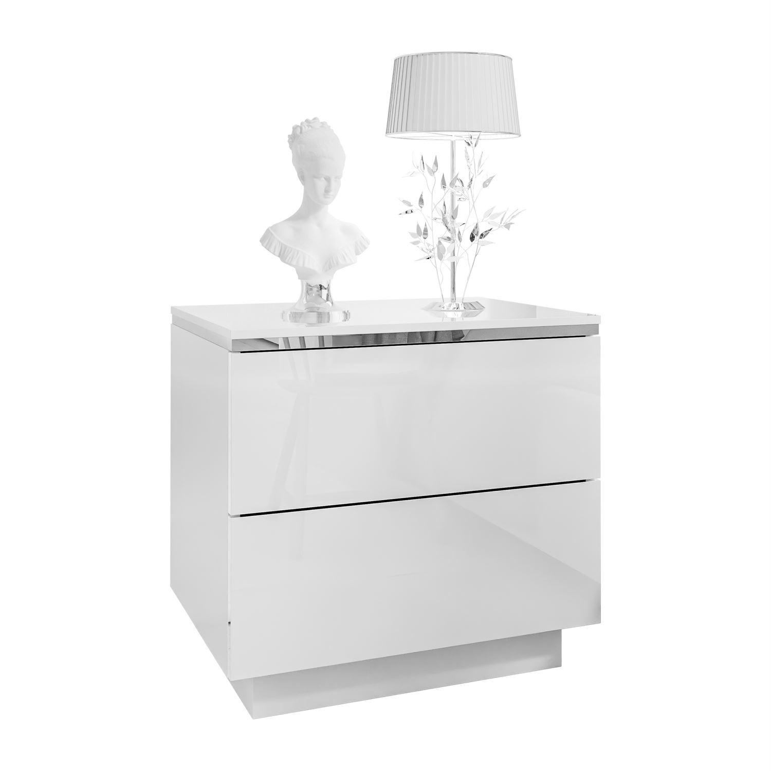 NACHTTISCH AURORA II SILVER Hochglanz Weiß mit LED-Beleuchtung – mit Sockel - Weiß Hochglanz, Holzwerkstoff (50/48/37cm) - Lookway