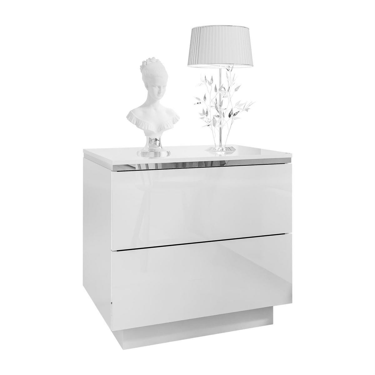 NACHTTISCH AURORA II SILVER Hochglanz Weiß mit LED-Beleuchtung – mit Sockel - Weiß Hochglanz, Holzwerkstoff (50/48/37cm) - Lookway