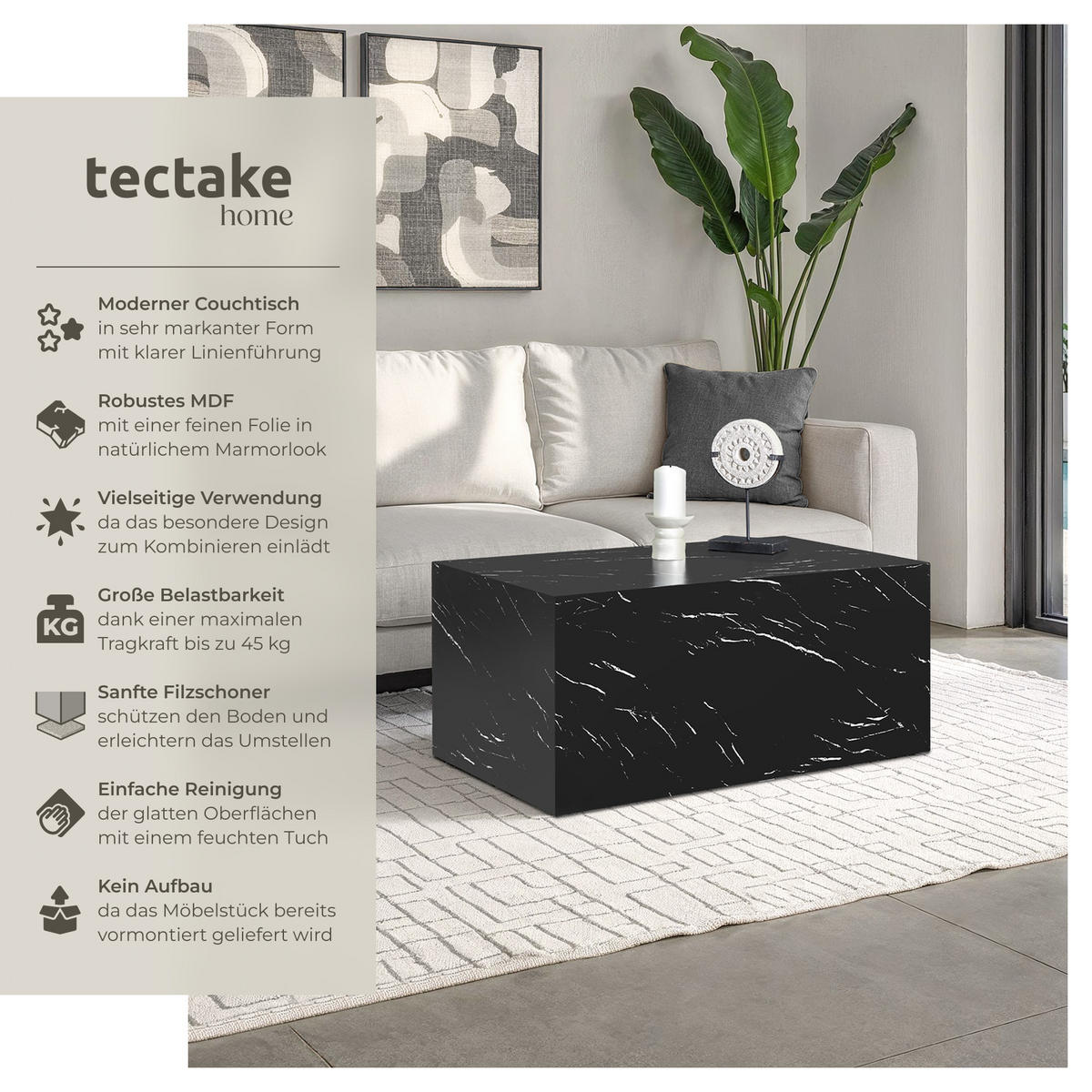 COUCHTISCH Lasley,inkl. Bodenschoner, Belastbarkeit 45 kg,Marmor Optik schwarz - Schwarz, Holz (50/90/40cm) - tectake