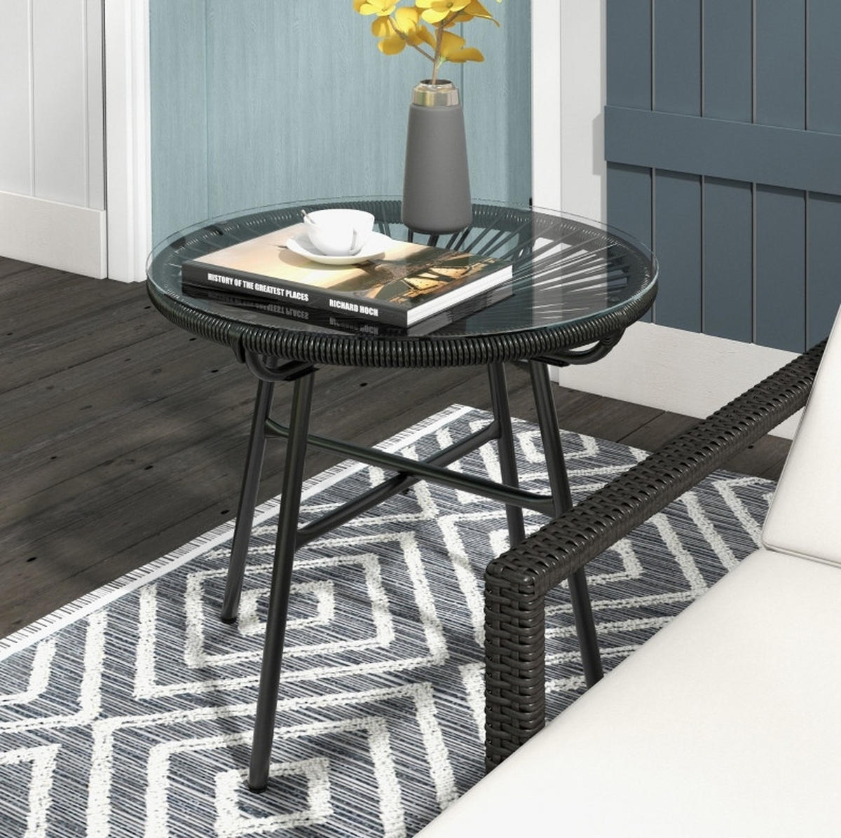 BEISTELLTISCH 50/50/50 cm schwarz aus PE-Rattan mit Glasplatte - Schwarz, Kunststoff (50/50/50cm) - OKWISH
